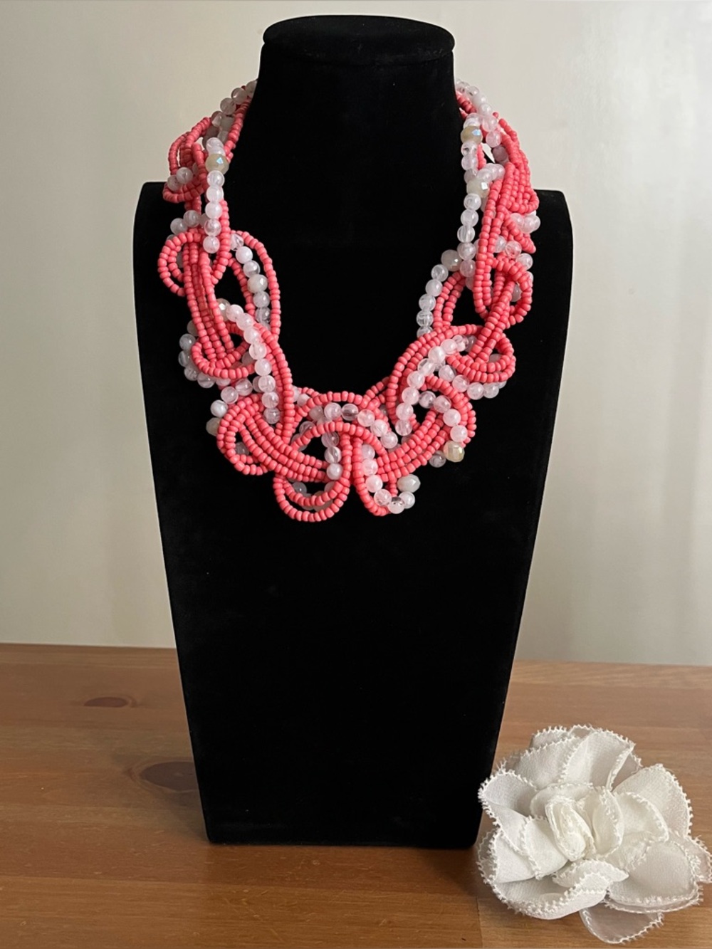 Braided statement necklace pink seed beads white acrylic beads women's jewelry
